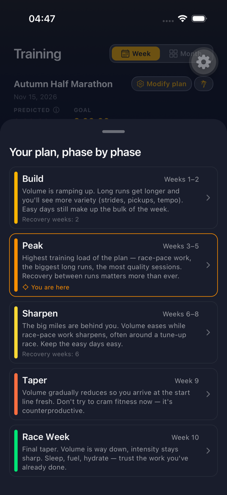 A sheet listing the plan's phases with their week ranges, a short explanation of each, recovery weeks noted, and a You are here marker on the current phase