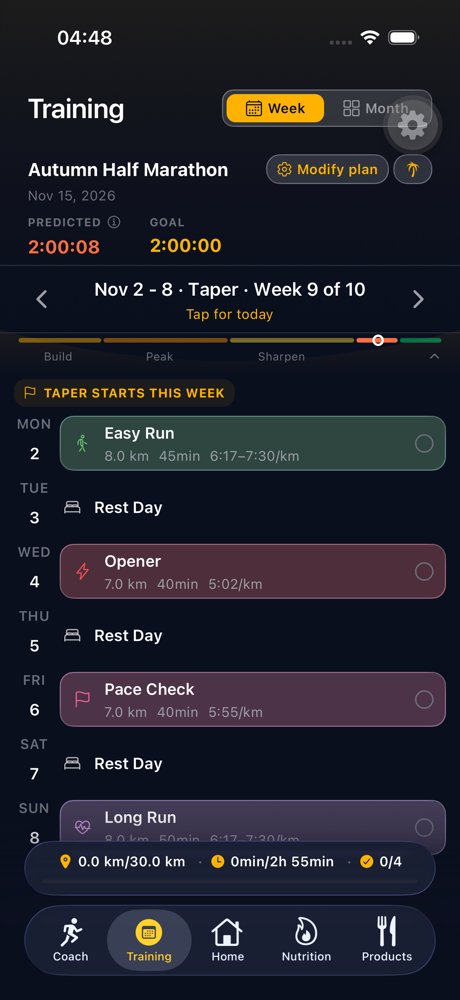 The calendar on the first taper week: the header reads Taper, week 9 of 10, and a banner says Taper starts this week